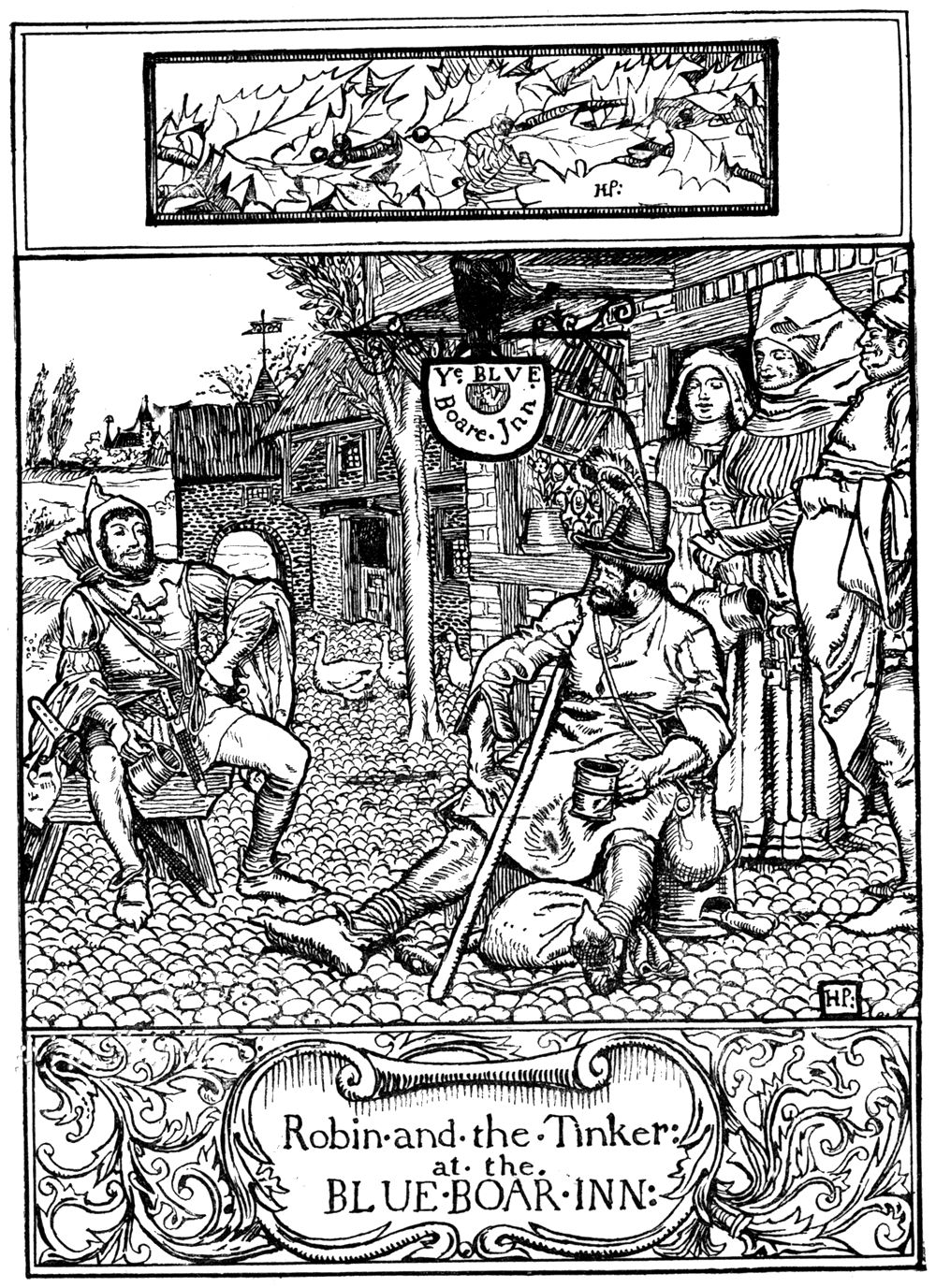“Robin and the Tinker at the Blue Boar Inn.” Outside the inn, under its sign, Robin sits on a bench grinning while the Tinker sprawls on the cobbles beside his staff and his mug, with townsfolk watching.
