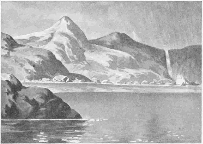 Landscape Before Life. “Great lava-like masses of rock without traces of soil” — A painting of a bare, barren shore — steep mountains of bare rock rising from still water, a waterfall at the right, and rain falling from a grey sky.