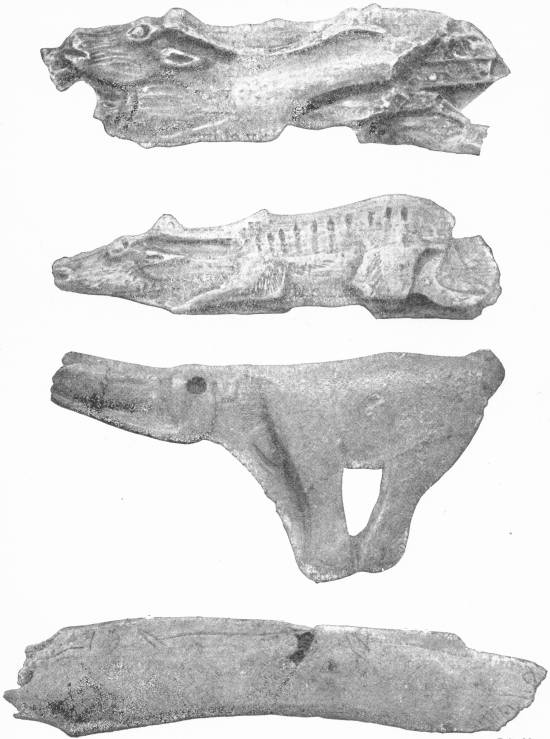 Bone Carvings of the Palæolithic Period. (1 and 2) Mammoth tusk carved to shape of Reindeer, (3) Dagger Handle representing Mammoth, and (4) Bone engraved with Horses’ Heads. Brit. Mus. — Four pieces photographed one above another: two tusk carvings of a reindeer with its legs folded beneath it, a dagger handle shaped as a mammoth, and a long bone lightly scratched with horses’ heads.