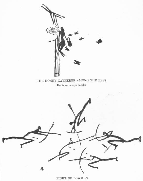 Among the Most Recent Discoveries of Palæolithic Art Are These Specimens Found in 1920 in Spain. They Are Probably Ten or Twelve Thousand Years Old — Two sets of black silhouette figures: above, “The Honey Gatherer Among the Bees” climbs a rope-ladder with a bag as bees fly round him; below, “Fight of Bowmen”, running archers shoot at one another.