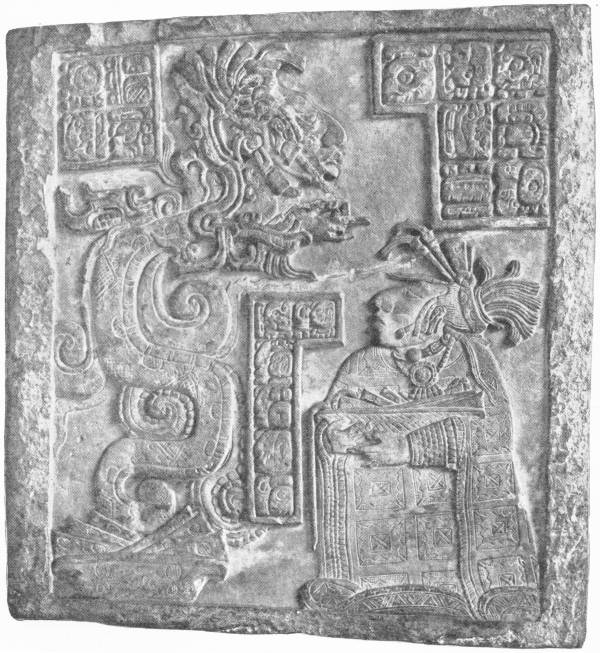 A Maya Stele. Showing a worshipper and a Serpent God. Note the grotesque faces in the writing. Brit. Mus. — A square carved stone panel: on the right a richly robed, kneeling figure in a plumed headdress looks up at a great rearing serpent on the left, from whose jaws a head emerges, with blocks of glyphs above and between them.
