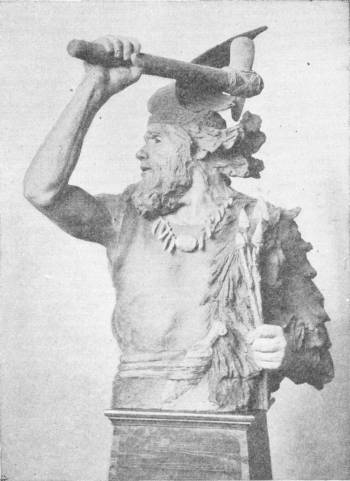 Neolithic Warrior. Modelled from drawing by Prof. Rutot — A sculpted bust of a bearded man in a fur cloak and a necklace of teeth, swinging a hafted stone axe above his head.