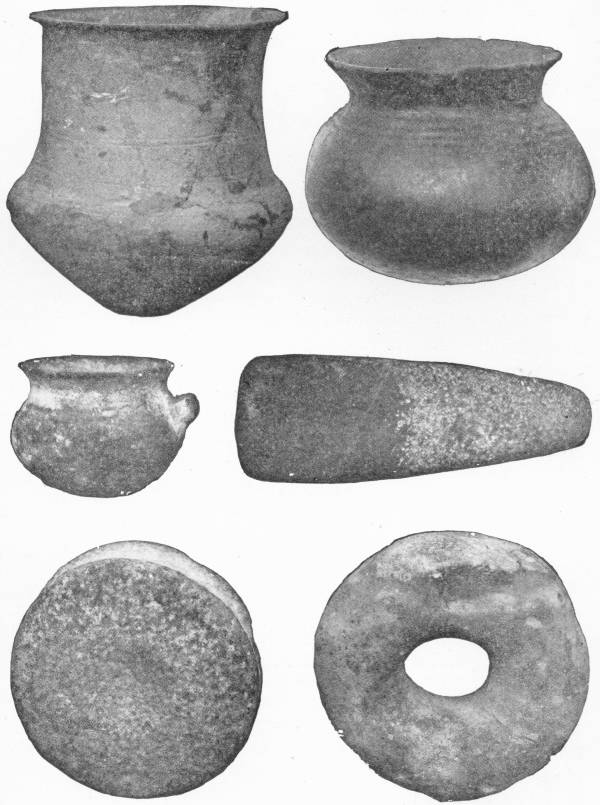 Pottery and Implements of the Lake Dwellers. Brit. Mus. — Six objects: three clay pots — a tall flared jar, a squat round-bellied pot and a small pot with a lug — a polished stone axe-head, a round flat stone and a stone ring.
