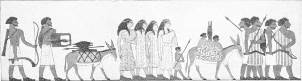 The left part of the procession of nomads: bearded men with a bow, a lyre and spears, women in patterned robes, a boy, and two donkeys carrying packs, one with two small children riding on it.