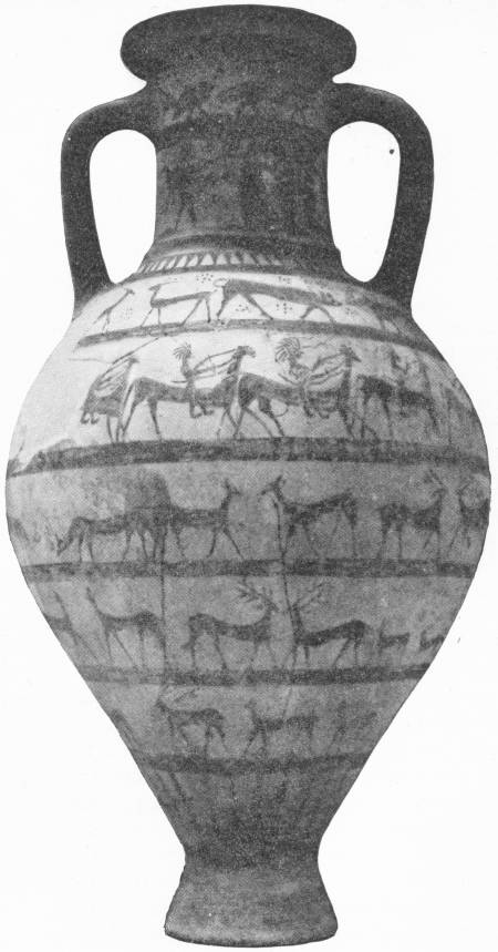 A Beautiful Archaic Amphora. Compare the horses and other animals with the Altamira drawing in Chapter XI, and also with the Greek frieze in Chapter XXV — A tall two-handled jar painted in bands: a row of animals at the shoulder, then horsemen and chariots, then several rows of deer and grazing beasts below.