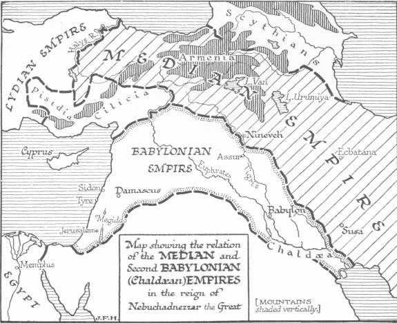 A map titled “Map showing the relation of the Median and Second Babylonian (Chaldæan) Empires in the reign of Nebuchadnezzar the Great”, with the Median Empire hatched from Armenia and Ecbatana to Susa, the Babylonian Empire from Damascus and Jerusalem down the Euphrates to Babylon, and Lydia and Egypt at the edges.