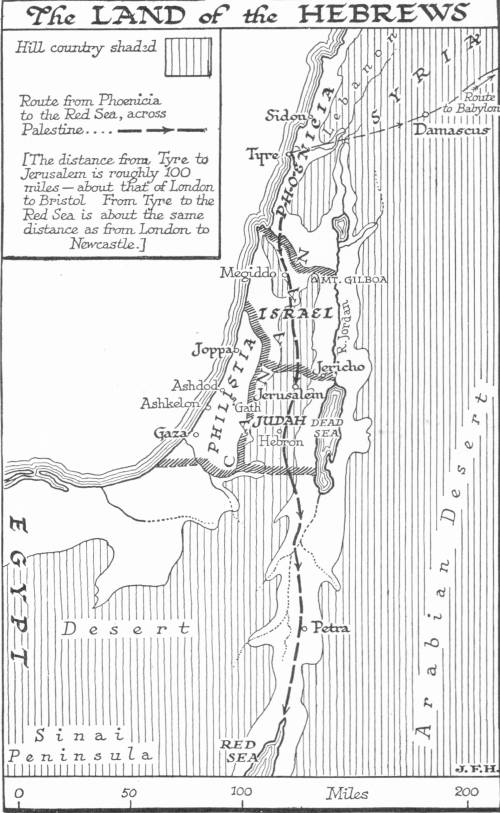 A map titled The Land of the Hebrews, from Sidon and Damascus down to the Red Sea, marking Phoenicia, Philistia, Israel and Judah, with hill country shaded and the route from Phoenicia to the Red Sea dashed.