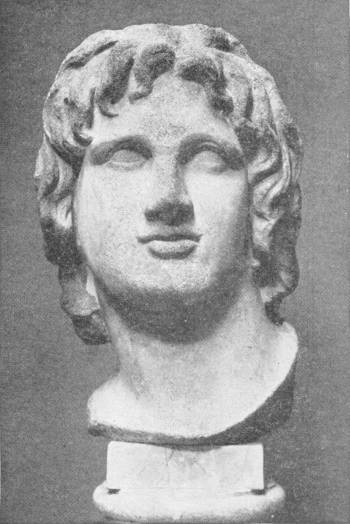 Bust of Alexander the Great. (As in the British Museum) — A marble head of a young man with thick, wavy hair and his face tilted slightly upward, set on a small stone base.