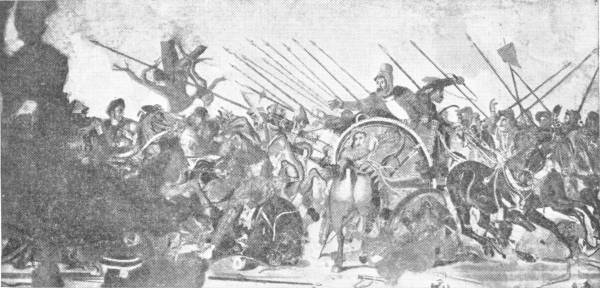 Alexander’s Victory Over the Persians at Issus. (From the Pompeian Mosaic) Alexander charges in on the left, Darius is in the chariot to the right — A crowded battle scene in mosaic: horsemen and spearmen press from the left, and a chariot drawn by rearing horses turns away at the centre beneath a thicket of raised spears.