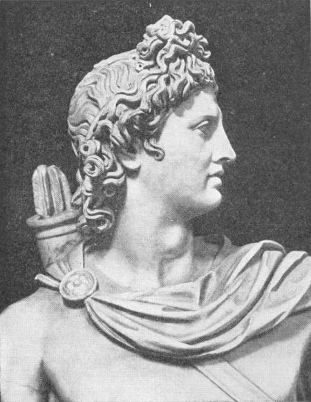 The Apollo Belvedere. (In the Vatican Museum) — The head and shoulders of a marble statue of a young man in profile, with elaborately curled hair, a cloak fastened at the shoulder and a quiver of arrows on his back.