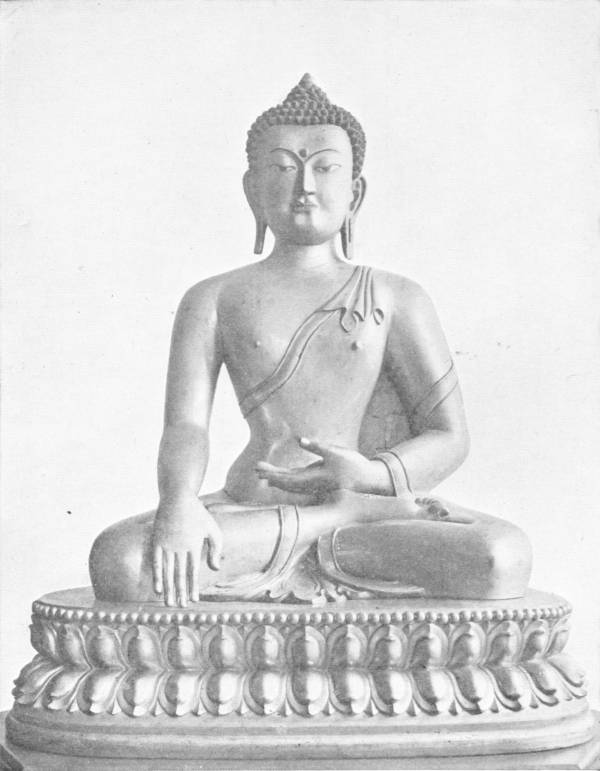Tibetan Buddha. Gilt Brass Casting in India Museum, showing Gautama Buddha in the “earth witness” attitude. India Mus. — A seated Buddha with his legs crossed on a lotus-petalled base, his right hand reaching down to touch the ground and his left hand resting in his lap.