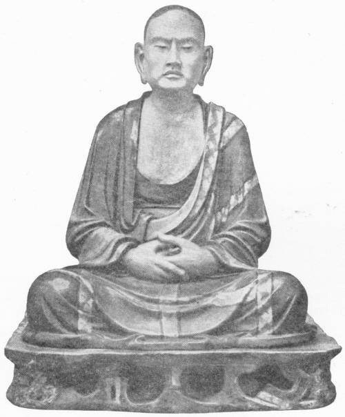 A Lohan or Buddhist Apostle (Tang Dynasty) (From the statue in the British Museum) — A seated statue of a monk with a shaven head and his hands folded in his lap, wearing layered robes, on a low pedestal.