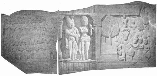 Asoka Panel from Bharhut. India Mus. — A worn stone panel in several carved compartments: on the left, rows of figures; in the middle, a man and a woman standing in a niche; on the right, a sacred tree with worshippers around it.