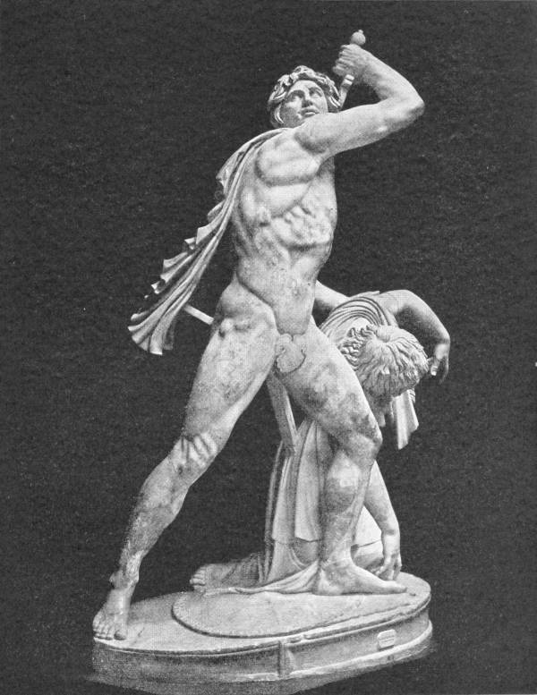 The Dying Gaul. The statue in the National Museum, Rome, depicting a Gaul stabbing himself, after killing his wife, in the presence of his enemies. Photo: Anderson — A marble group of a naked warrior with a cloak about his shoulders, driving a sword down into his own breast while he holds up the limp body of his wife beside him.