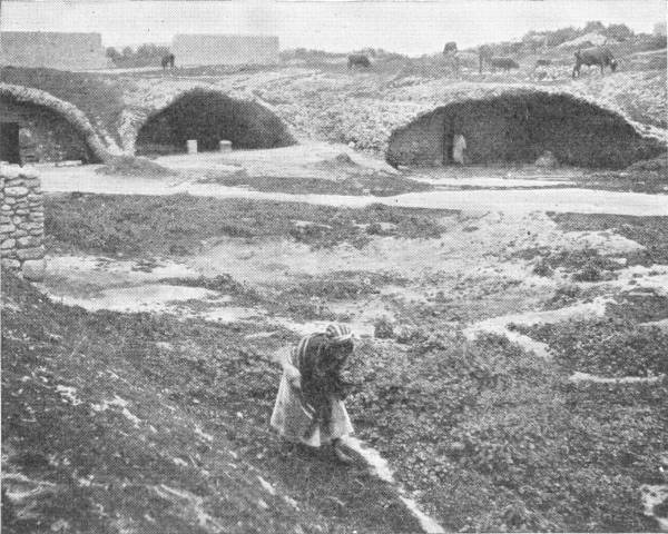 Remains of the Ancient Roman Cisterns at Carthage. Photo: Underwood & Underwood — Low vaulted stone chambers, half buried in the ground, stand in a row across open, rough land, with a figure bending in the foreground and animals grazing on the ridge beyond.
