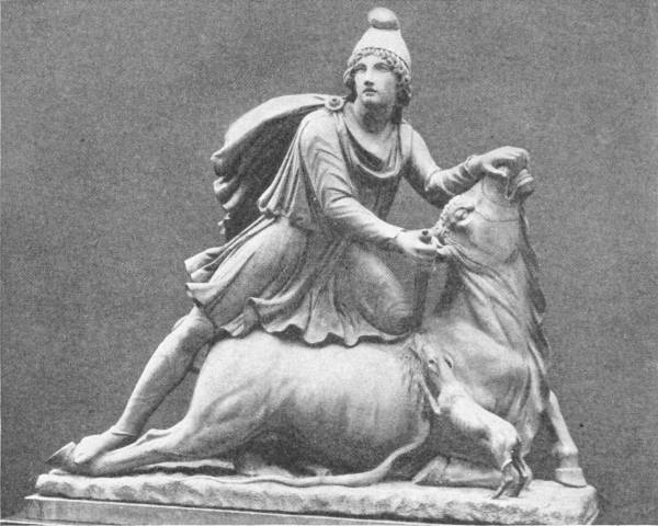 Mithras Sacrificing a Bull, Roman. (In the British Museum) — A marble group of a young man in a peaked cap and a flowing cloak kneeling on the back of a bull he has forced to the ground, pulling its head back by the muzzle.
