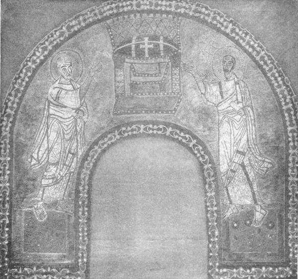 Mosaic of Ss. Peter and Paul Pointing to a Throne, on Gold Background. From the Ninth Century original, in the Church of Sta. Prassede, Rome. (In the Victoria and Albert Museum) — An arch-shaped mosaic in which two haloed men in long robes stand on either side of a throne bearing a cross and raise their hands toward it, within a border of scrolling ornament.