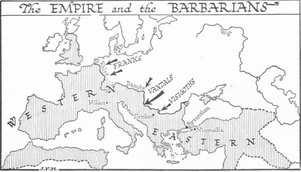 A map titled “The Empire and the Barbarians”, shading the Western and Eastern halves of the Empire, with arrows for the Franks, Vandals and Visigoths pressing across the Rhine and the Danube, and Milan, Sirmium, Byzantium and Nicomedia marked.