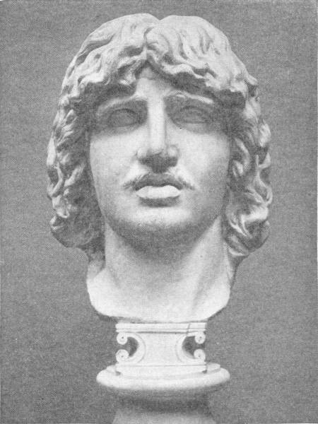 Head of Barbarian Chief. (In the British Museum) — A marble head of a young man with long, thick curling hair and a drooping moustache, set on a small pedestal.