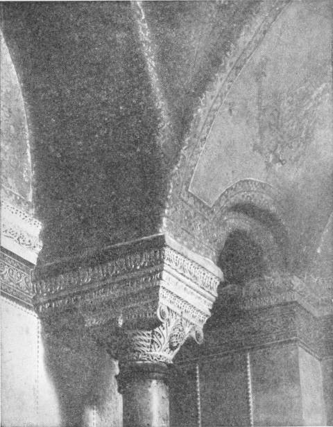 The Magnificent Roof-Work in S. Sophia. Photo: Sebah & Foaillier — Inside the church, a heavy capital carved with deeply cut leaves carries the springing of the arches and vaults above it.