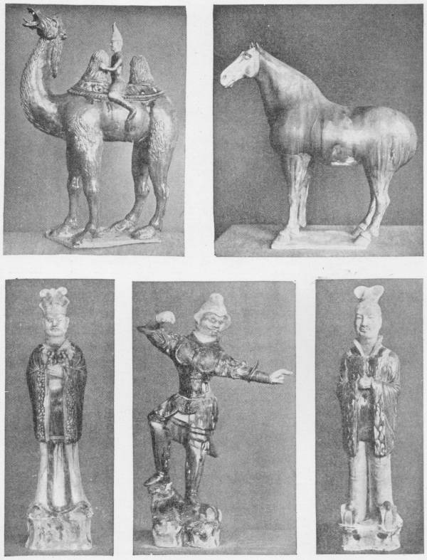 Chinese Earthenware Art of the Tang Dynasty, 616-906. Specimens in glazed earthenware, in brown, green and buff, discovered in tombs in China. (In the Victoria and Albert Museum) — Five glazed figures: a camel with a rider on its back, a standing horse, two tall figures in long robes and high hats, and a warrior in armour striding with one arm outstretched.