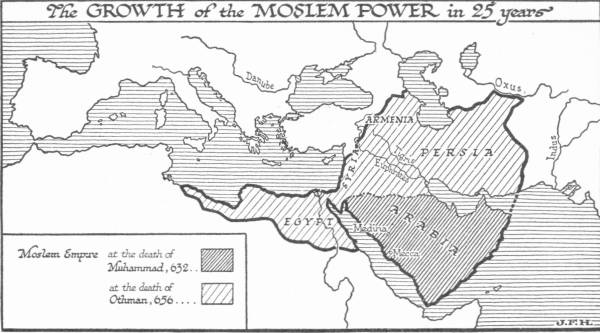 Map titled “The Growth of the Moslem Power in 25 years”, shading the Moslem Empire at the death of Muhammad, 632, over Arabia, and its spread by the death of Othman, 656, into Egypt, Syria, Armenia and Persia.