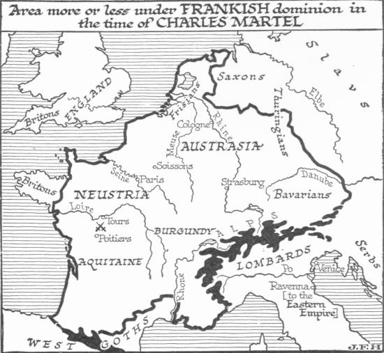 Map titled “Area more or less under Frankish dominion in the time of Charles Martel”, outlining Neustria, Austrasia, Burgundy and Aquitaine from the Pyrenees to the Bavarians, with Tours and Poitiers marked and Saxons, Slavs and Lombards beyond.