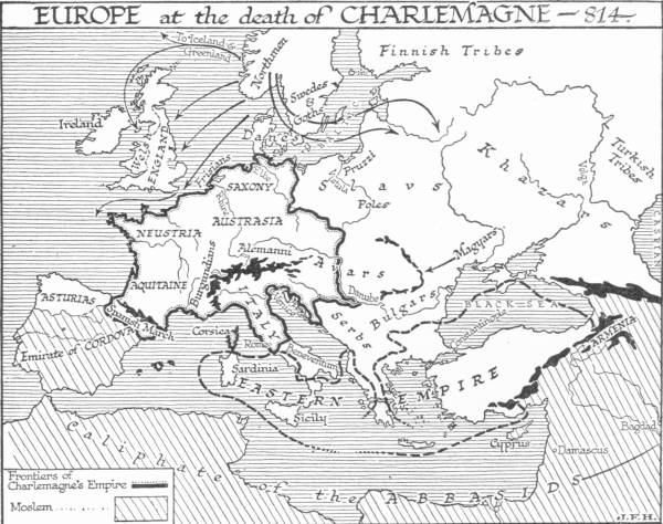 Map titled “Europe at the death of Charlemagne — 814”, bounding Charlemagne's empire from Neustria to Saxony and Italy, with the Eastern Empire, the Moslem Caliphate of the Abbasids and the Emirate of Cordova, and arrows showing the Northmen's raids.