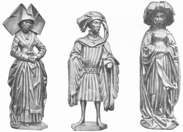 Costumes of the Burgundian Nobility: Flemish Work of the Fifteenth Century. This series is from casts in the Victoria and Albert Museum of the original brass statuettes in the Rijks Museum, Amsterdam — Three more statuettes in the same series: a woman in a tall winged headdress, a young man in a draped hood and pleated tunic, and a woman with loose hair in a long flowing gown.