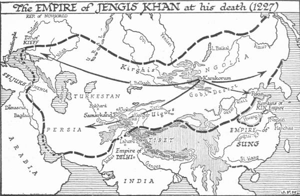 Map titled “The Empire of Jengis Khan at his death (1227)”, a dashed frontier from the Duchy of Kieff across Turkestan and Mongolia to Pekin, with arrows spreading out from Karakorum and the Empire of Sung to the south-east.