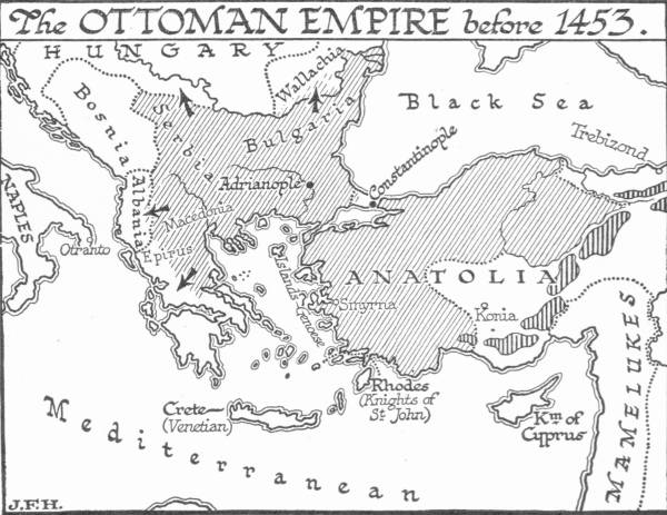 Map titled “The Ottoman Empire before 1453”, shading Ottoman lands across Anatolia and the Balkans from Bulgaria and Serbia to Adrianople, with Constantinople still outside them and arrows pushing north and west.