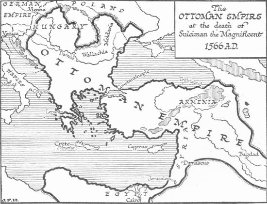 Map titled “The Ottoman Empire at the death of Suleiman the Magnificent, 1566 A.D.”, the empire stretching from Hungary and Wallachia through Constantinople and Syria to Bagdad and down to Egypt and Cairo.