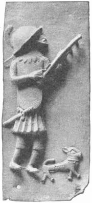 Ancient Bronze Figure from Benin, W. Africa. Note evidence in attire of knowledge of early European explorers. (In the British Museum) — A bronze relief plaque of a man in a brimmed helmet and short pleated skirt, carrying a crossbow on his shoulder, with a small dog running at his feet.