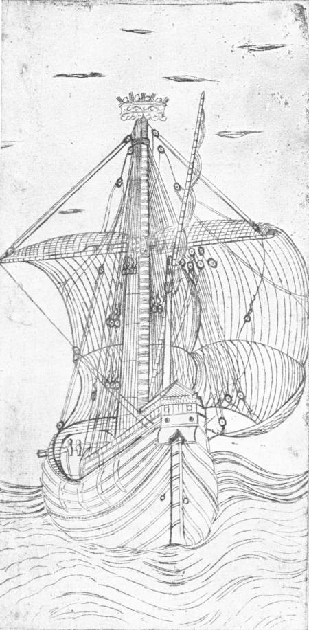 Early Italian Engraving of a Sailing Ship. (In the British Museum) — An engraving of a three-masted ship seen from the bow, its sails full of wind, its rigging drawn in fine lines, and a crown at the masthead above the waves.