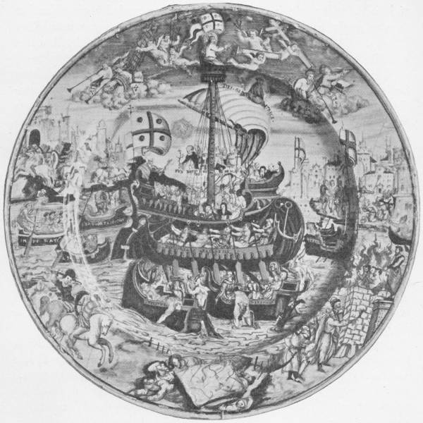 A Majolica Dish Painted in Colours. An allegory of the Church triumphant over heretics and infidels. Italian (Urbino), dated 1543. (In the Victoria and Albert Museum) — A round painted dish crowded with figures: a great ship flying cross banners sails in the centre with rowing boats around it, cities on either shore, flames rising at the lower right and angels above.