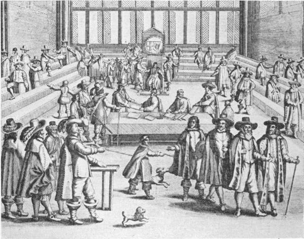 Cromwell Dissolves the Long Parliament and So Becomes Autocrat of the English Republic. (From a contemporary satirical print in the British Museum) — An engraving of the Parliament chamber: members on tiered benches look on while men in broad hats and cloaks cross the floor before the chair of state, one pointing a long staff, with small dogs in the foreground.