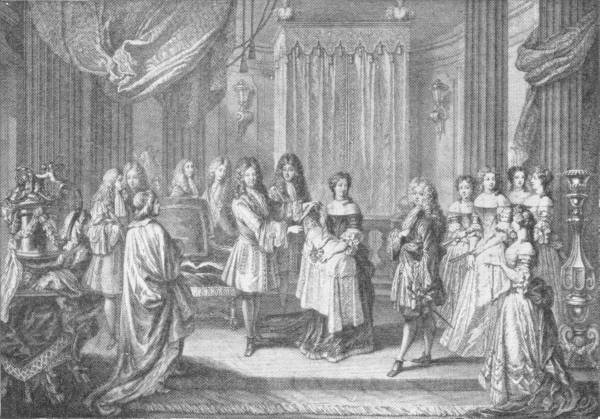 The Court at Versailles. (From the print after Watteau in the British Museum) — An engraving of a crowd of courtiers in long wigs and ladies in wide gowns gathered in a high draped room, around a couple in the centre before a curtained canopy.