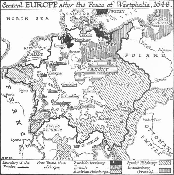 Map titled “Central Europe after the Peace of Westphalia, 1648”, showing the boundary of the Empire, the Free Towns, Swedish and French territory, the Austrian and Spanish Habsburg lands, and Brandenburg (Prussia).