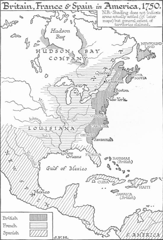 Map titled “Britain, France & Spain in America, 1750”, shading British claims along the Atlantic coast and Hudson Bay, French Louisiana and Canada, and Spanish New Spain and Florida, with a note that the shading shows claims, not settlement.