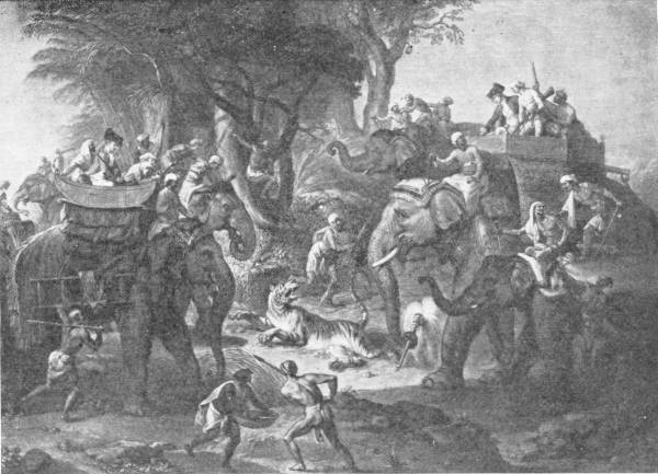 Europeans Tiger Hunting in India. (From the engraving of the picture by Zoffany in the British Museum) — A hunting party rides in howdahs on the backs of elephants through a forest, with a tiger at bay on the ground among them and men on foot running below.
