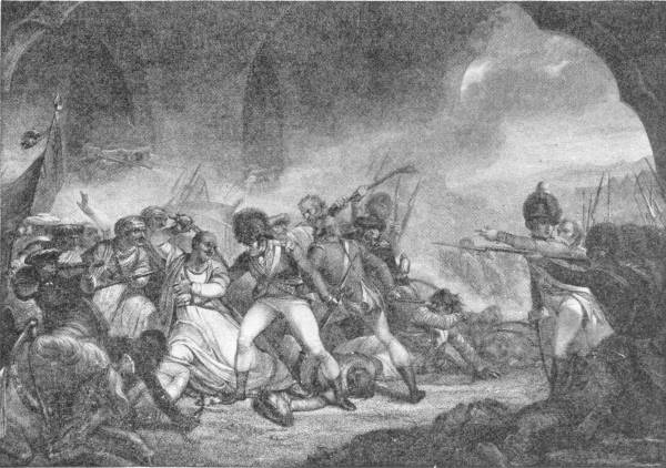 The Last Effort and Fall of Tippoo Sultan. (From the engraving of the picture by Singleton in the British Museum) — A dark vaulted gateway filled with smoke and close fighting, where soldiers in tall caps charge with bayonets into a mass of turbaned defenders, some falling.
