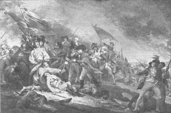The Battle of Bunker Hill, Near Boston. (From the engraving of the picture by John Trumbull in the British Museum) — Redcoats with bayonets and colours storm the rebel earthwork through smoke, while a wounded officer lies on the ground in the foreground, supported by his men.