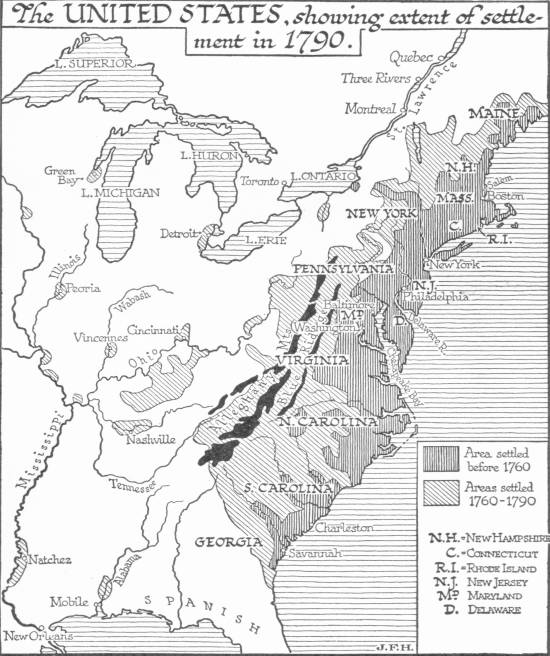 A map of the eastern seaboard from Maine to Georgia, shading the areas settled before 1760 and those settled from 1760 to 1790, with the Great Lakes, the Ohio and the Mississippi beyond.
