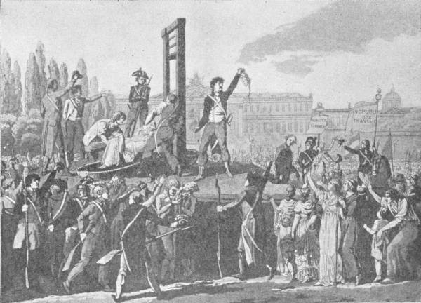 The Execution of Marie Antoinette, Queen of France, October 16, 1793. (From a print in the British Museum) — On the scaffold beside the guillotine the executioner holds up the queen’s head to a great crowd of soldiers and citizens, with the banners of the Republic behind.