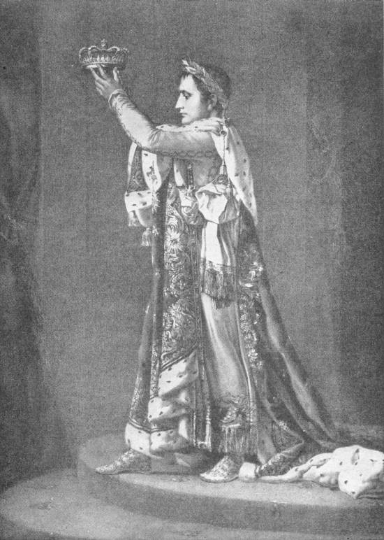 Portrait of Napoleon (Coronation) (From a print in the British Museum) — Napoleon stands on a dais in embroidered coronation robes lined with ermine, a laurel wreath on his head, raising a crown in both hands above him.
