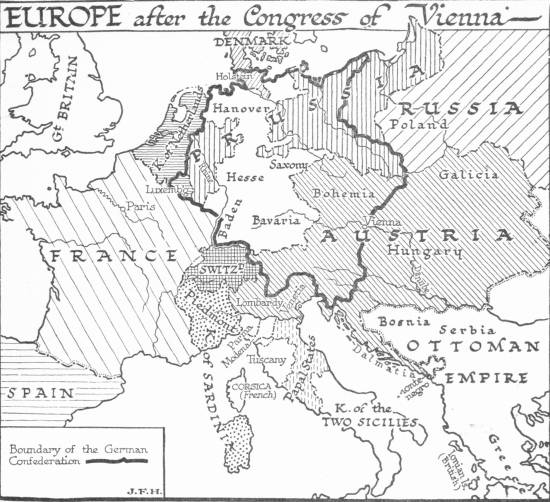 A map titled “Europe after the Congress of Vienna”, marking the boundary of the German Confederation with a heavy line across Prussia, Austria and the smaller German states, with France, Russia and the Ottoman Empire around them.