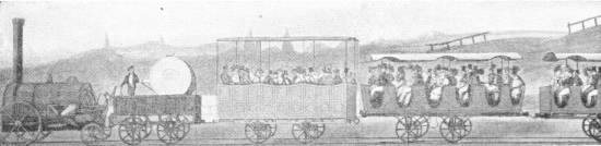 Early Travelling on the Liverpool and Manchester Railway, 1833 — A locomotive draws a luggage wagon, a canopied carriage and open coaches packed with passengers in top hats and bonnets.