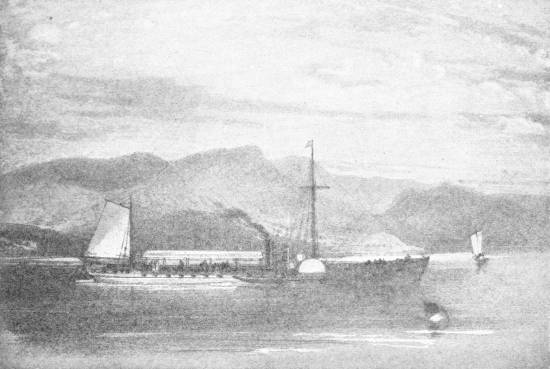 The Steamboat: Clermont, 1807, U.S.A. — A long, low steamboat with a tall funnel, a mast and a sail runs along a river below dark hills, with a small sailing boat in the distance.