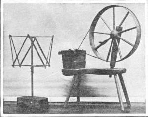 Eighteenth Century Spinning Wheel. In the Ipswich Museum — A wooden spinning wheel with a large spoked wheel and a tub of fibre on its bench stands beside a folding wooden stand on a box.