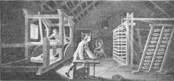 An Early Weaving Machine. From an engraving by W. Hincks in the British Museum — In a raftered workroom a weaver sits at a big wooden loom while another man works at a bench, with a spinning wheel behind them and tall frames strung with yarn at the right.